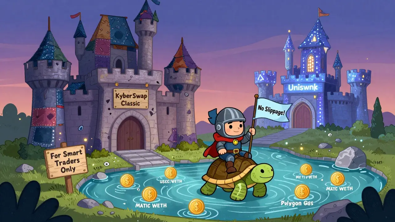 Un chevalier sur une tortue traverse un fossé de paires de jetons vers un château nommé KyberSwap Classic.