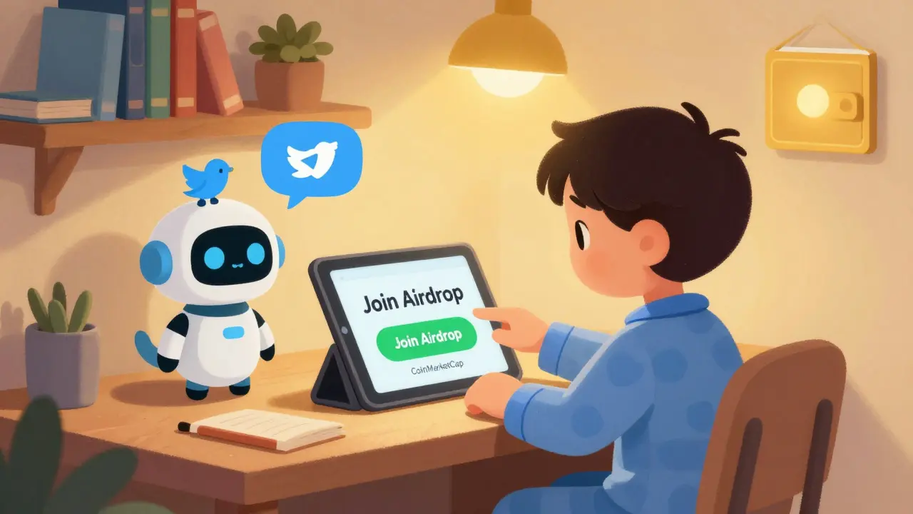 Un enfant clique sur un bouton d'airdrop sur une tablette, entouré d'un robot chien et de livres de crypto.