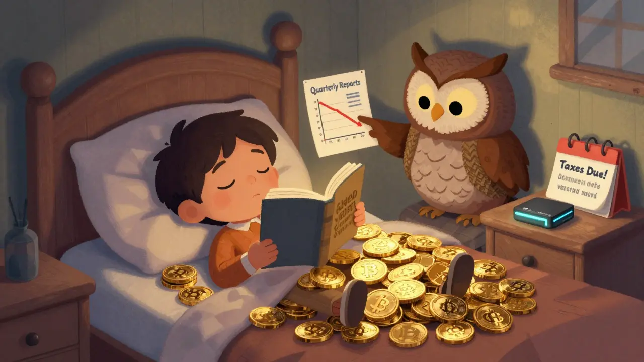Un enfant dort entouré de cryptos, une chouette lit un rapport financier près d'un portefeuille matériel allumé.