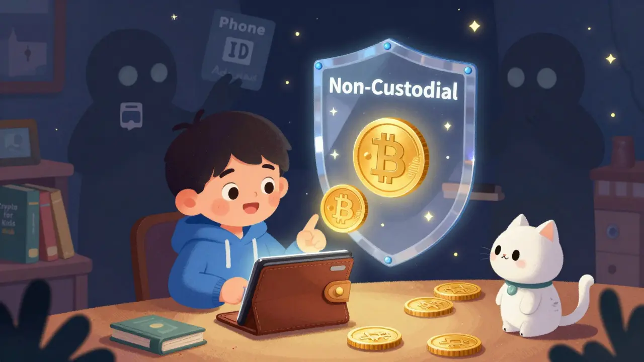 Un enfant envoie des crypto-monnaies via un portail magique, protégé d'une barrière 'No KYC'.