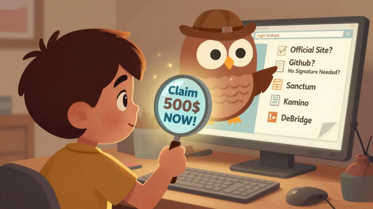 Un enfant examine un site web frauduleux avec une loupe, guidé par une chouette détective.