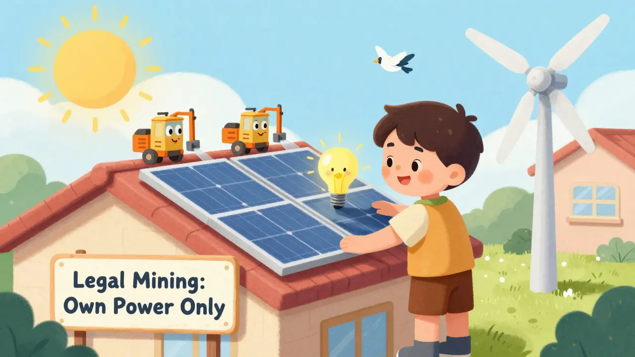 Un enfant installe des panneaux solaires sur son toit, des machines de minage douces fonctionnent sous le soleil, une éolienne tourne près de lui.