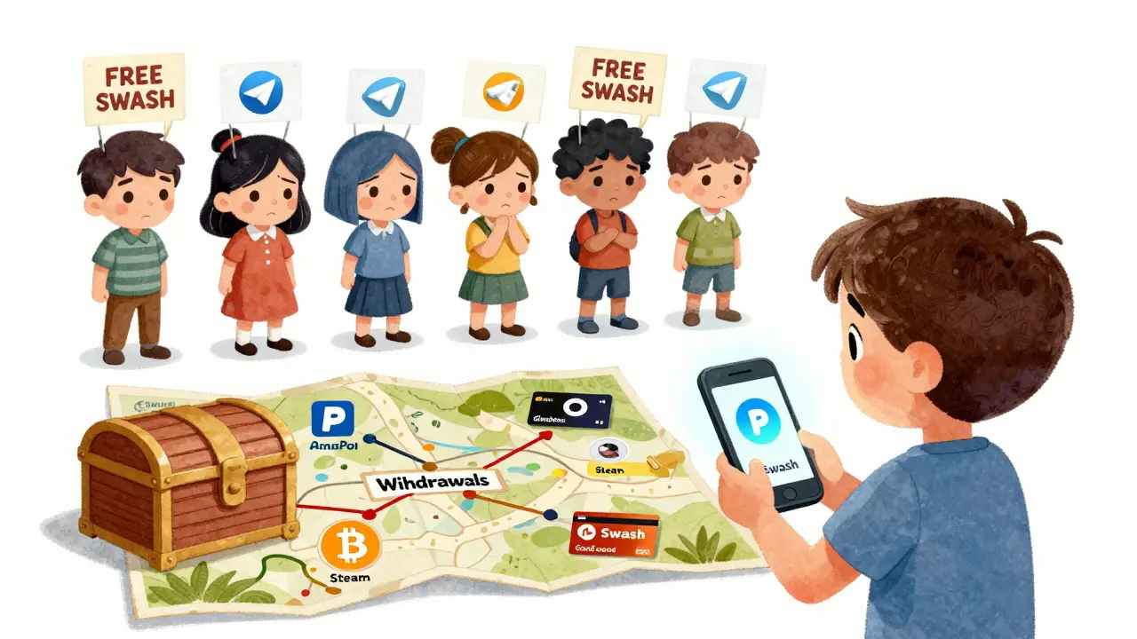 Un enfant suit une carte au trésor vers des options de retrait, tandis que d'autres tombent dans des pièges en ligne.