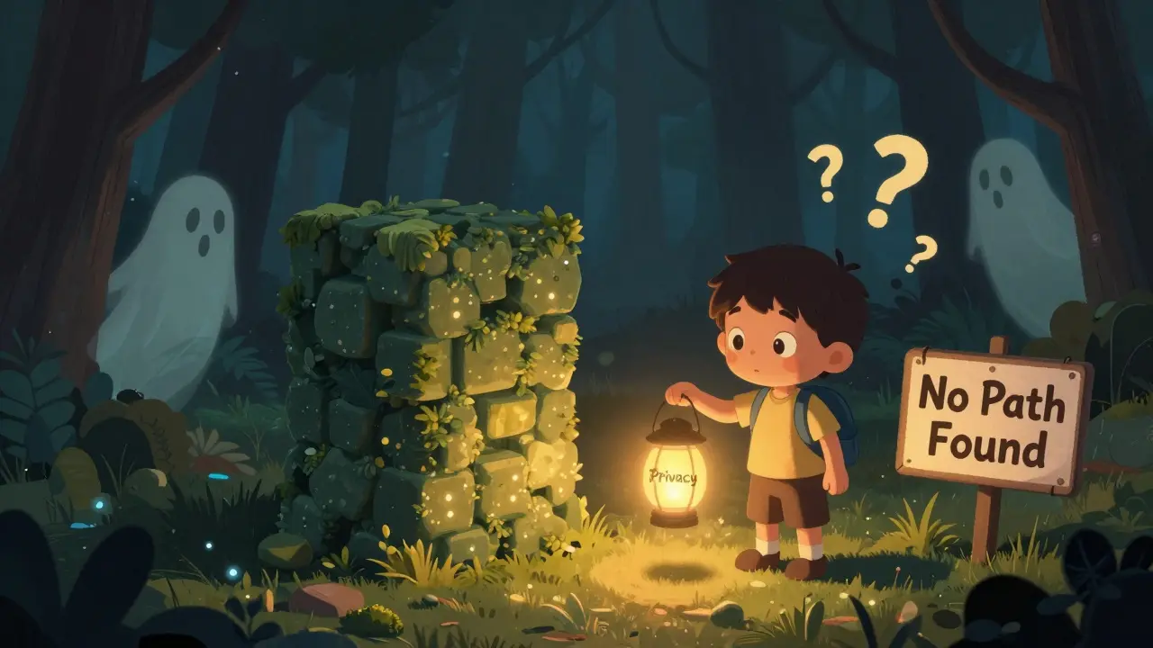 Un enfant tenant une lanterne de confidentialité face à une forêt blockchain obscure.