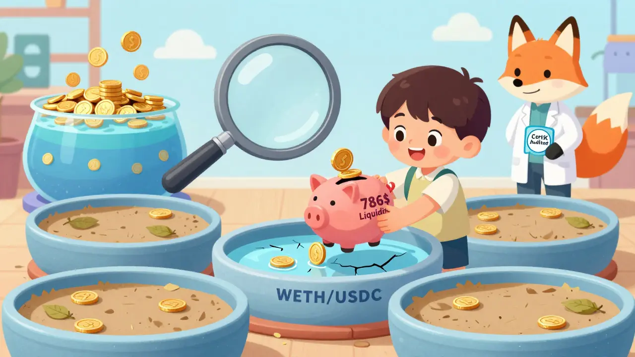 Un enfant tente de verser de l'argent dans une piscine de liquidité presque vide, sans aucun sceau de sécurité visible.