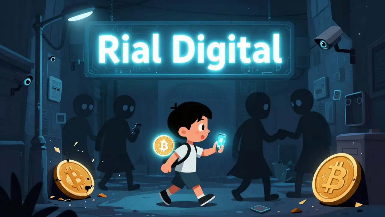 Un enfant tient une pièce numérique, tandis que des silhouettes échangent des crypto dans l'ombre.