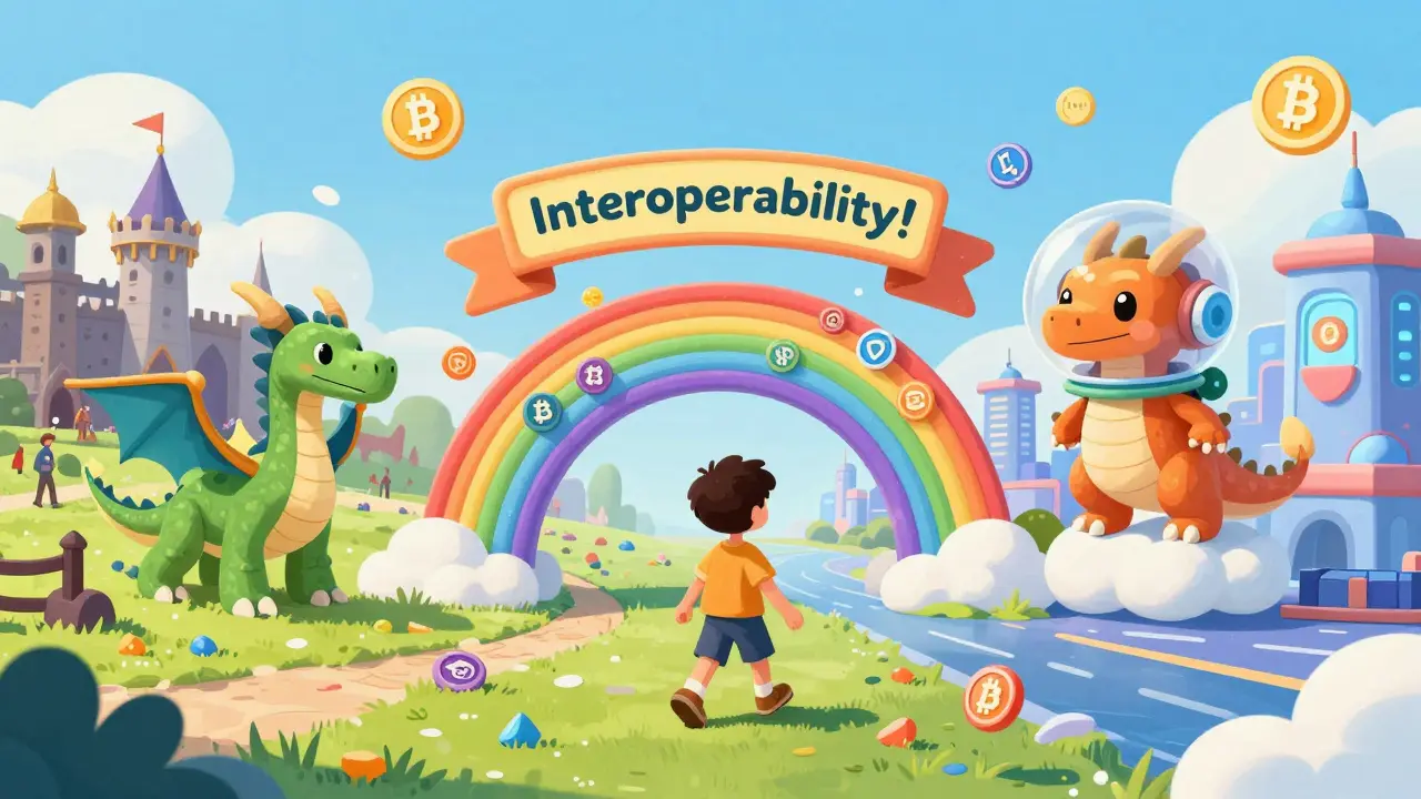 Un enfant traverse un portail magique avec son dragon NFT, passant d'un monde de jeu à un autre.