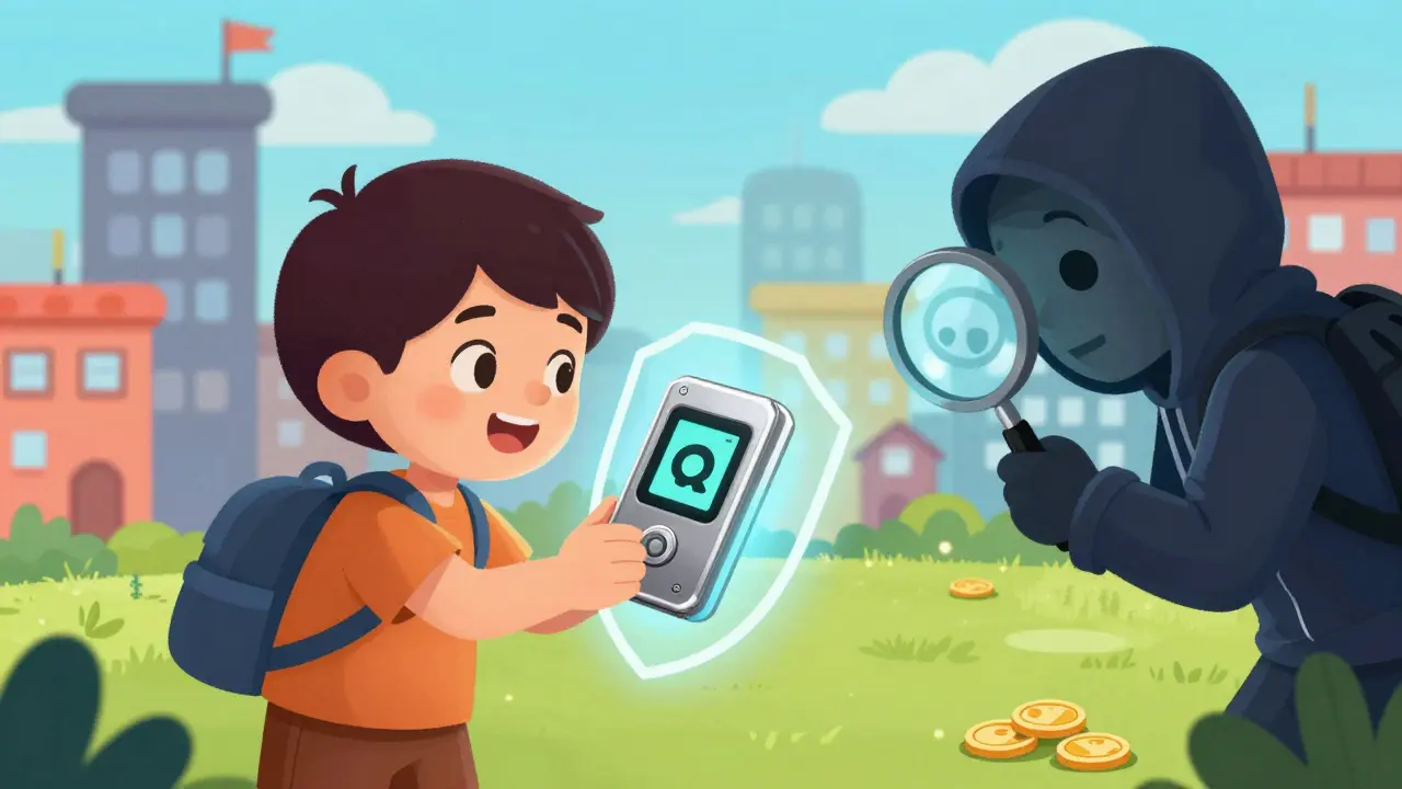 Un enfant utilise un portefeuille matériel pour envoyer des cryptos, protégé par un bouclier contre un pirate.