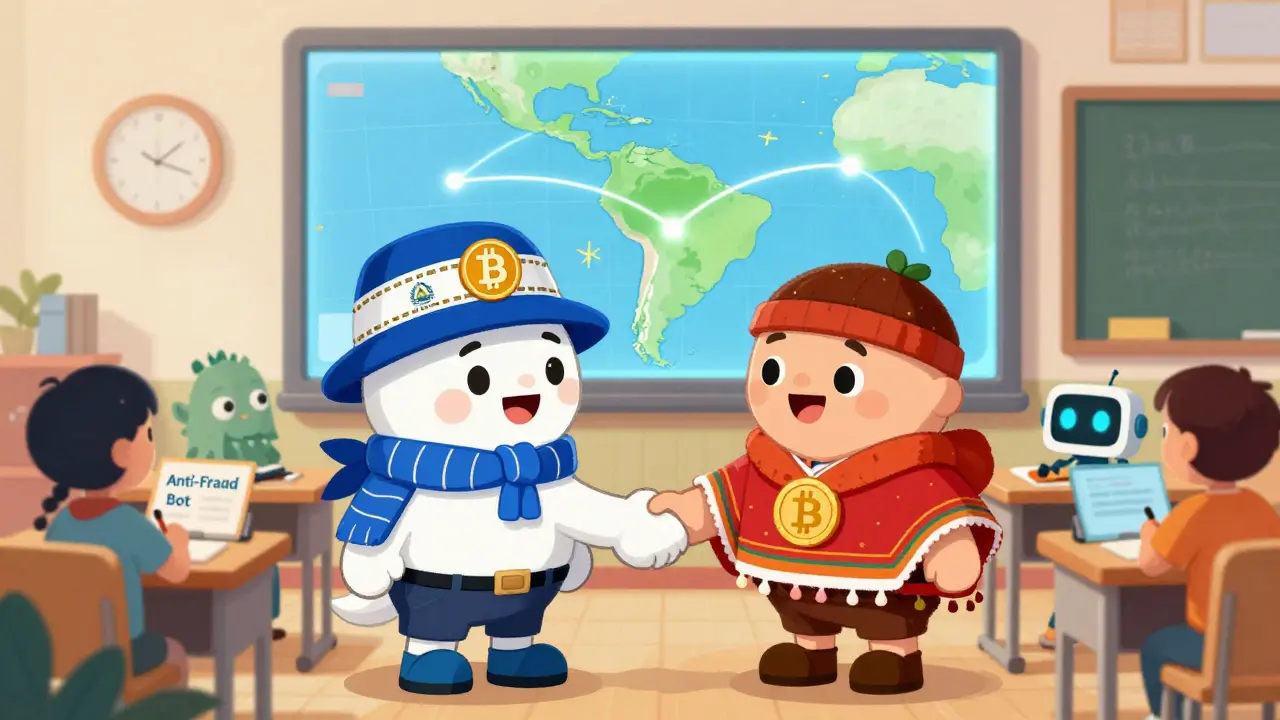 Un handshake entre la Bolivie et le Salvador sur fond de classe apprenant la blockchain.