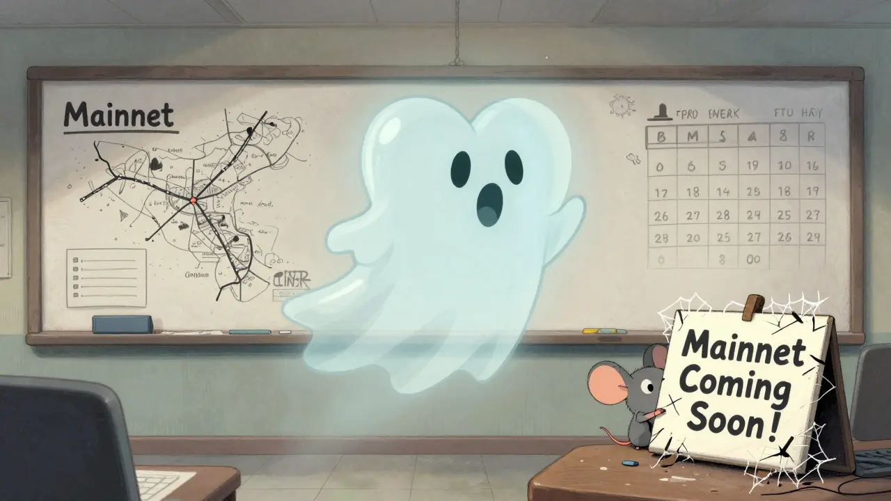 Un jeton fantôme flotte dans un bureau abandonné avec des plans de route déchirés.