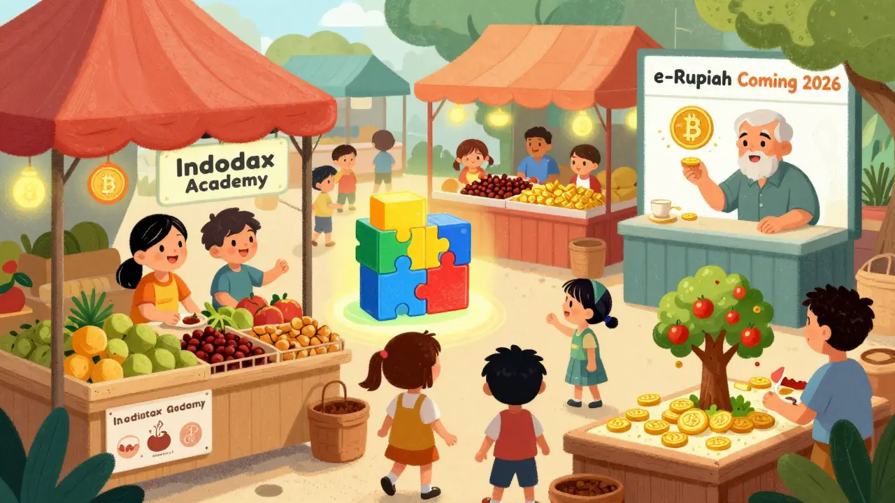 Un marché animé en Indonésie où les enfants apprennent la blockchain et les adultes investissent dans des cryptomonnaies sous un ciel étoilé.