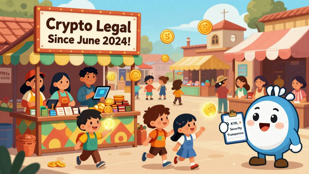 Un marché bolivien en 2025 où les gens paient avec des cryptomonnaies sur des tablettes.