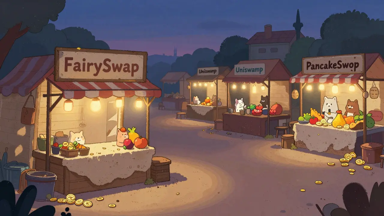 Un marché vide nommé FairySwap, entouré de marchés animés et prospères.