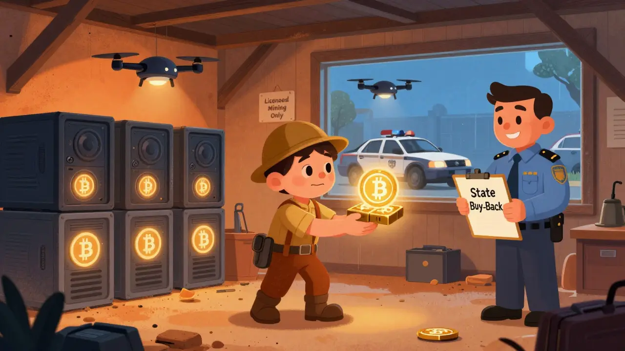 Un mineur remet des Bitcoins à un fonctionnaire en échange d'un reçu officiel, sous des drones de surveillance.