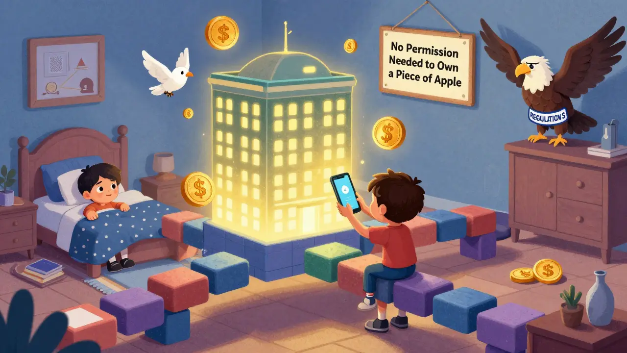 Un pont de blocs blockchain relie une chambre d'enfant à Wall Street, avec des jetons AAPLon qui volent comme des oiseaux.