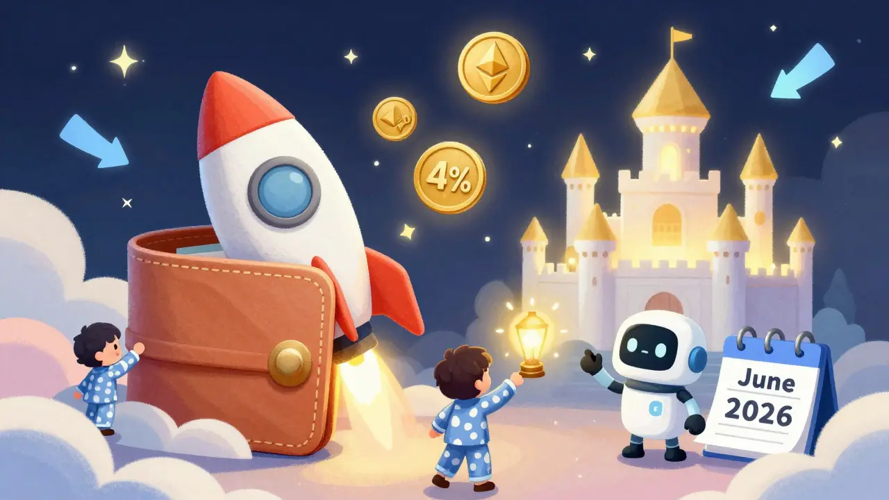 Un portefeuille-rocket lance des pièces NLC vers un château Ethereum sous les étoiles.