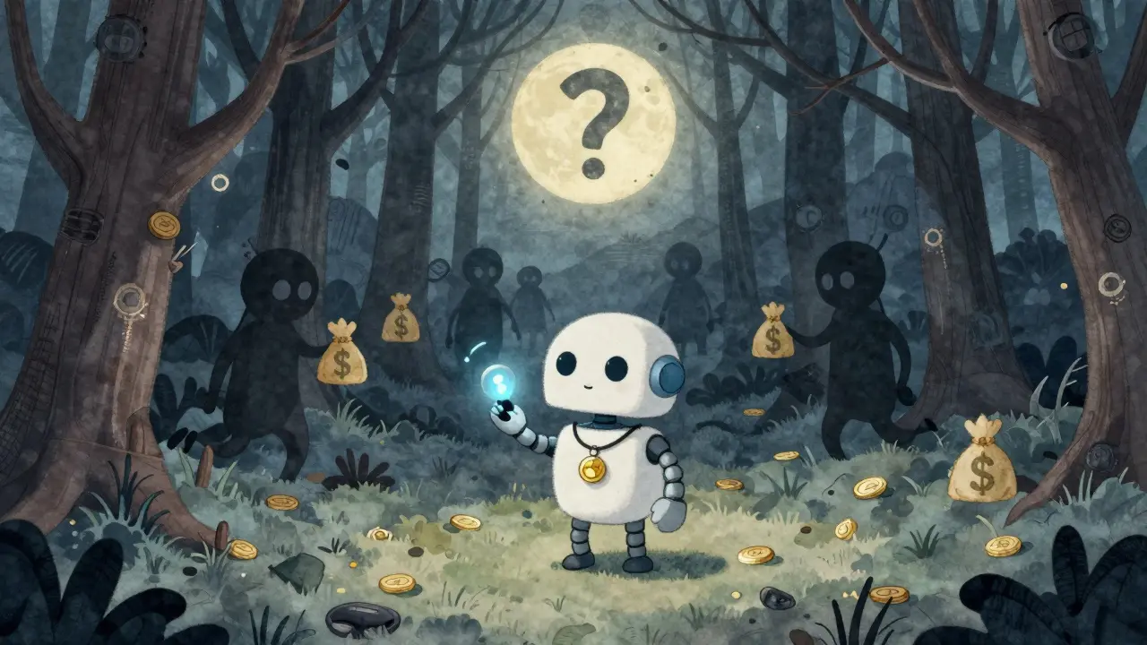 Un robot seul tient un collier blockchain qui clignote dans une forêt numérique morte.