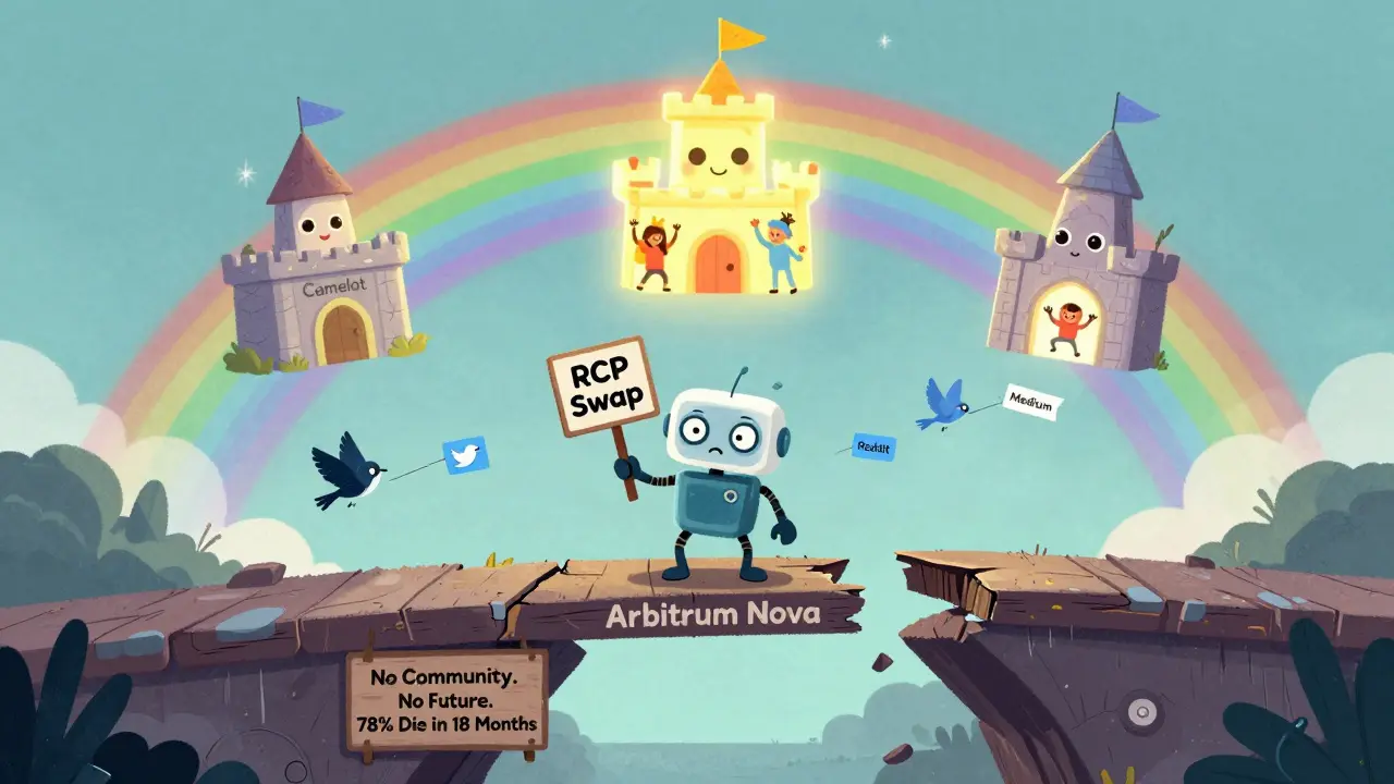 Un robot sur un pont qui s'effondre, entouré de signes de communautés disparues, tandis que d'autres échanges brillent au loin.