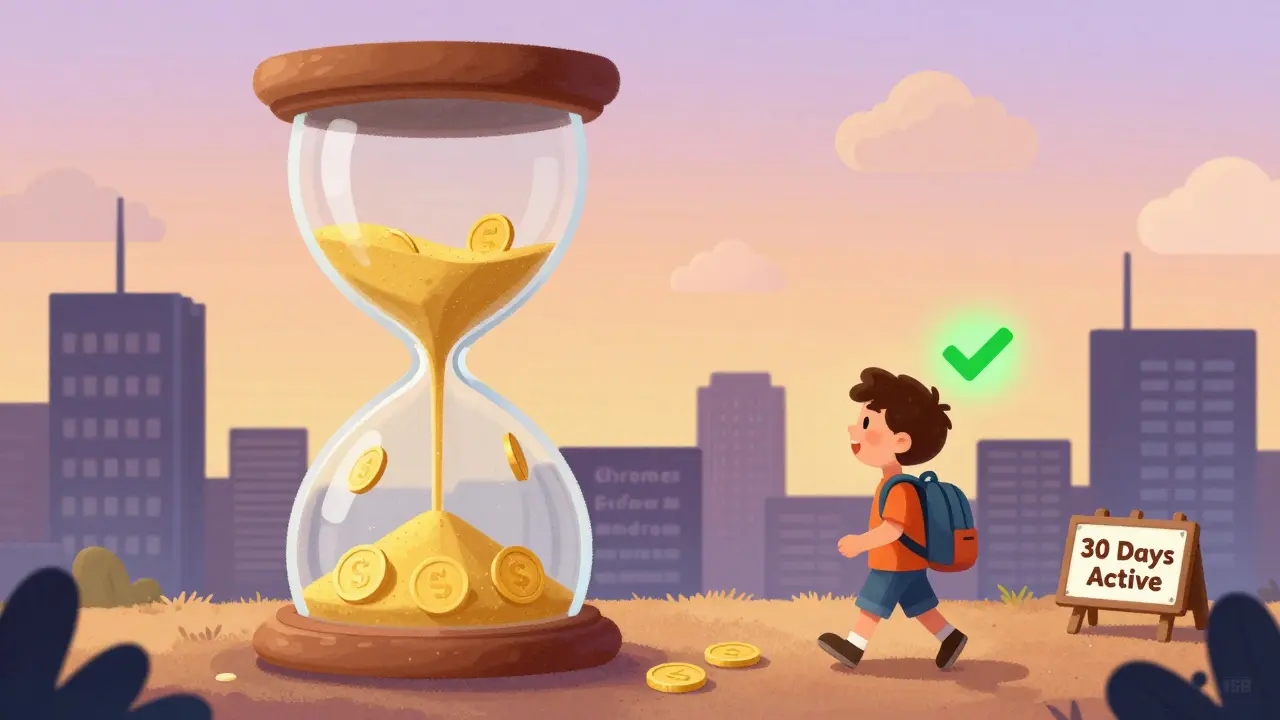 Un sablier magique remplit un sac à dos de jetons Swash pendant qu'un enfant marche dans une ville numérique.