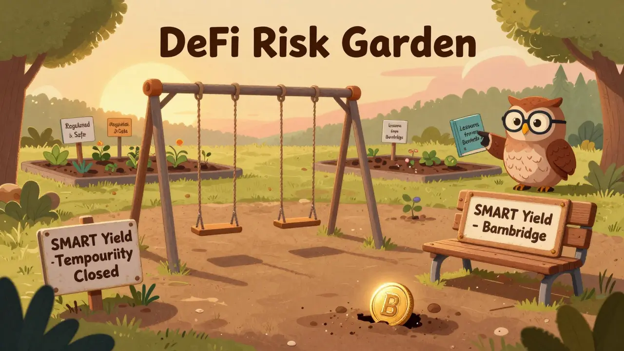 Un terrain de jeu vide avec un panneau 'Fermé', une balançoire qui bouge, et un hibou pointant vers un livre sur les leçons de BarnBridge.