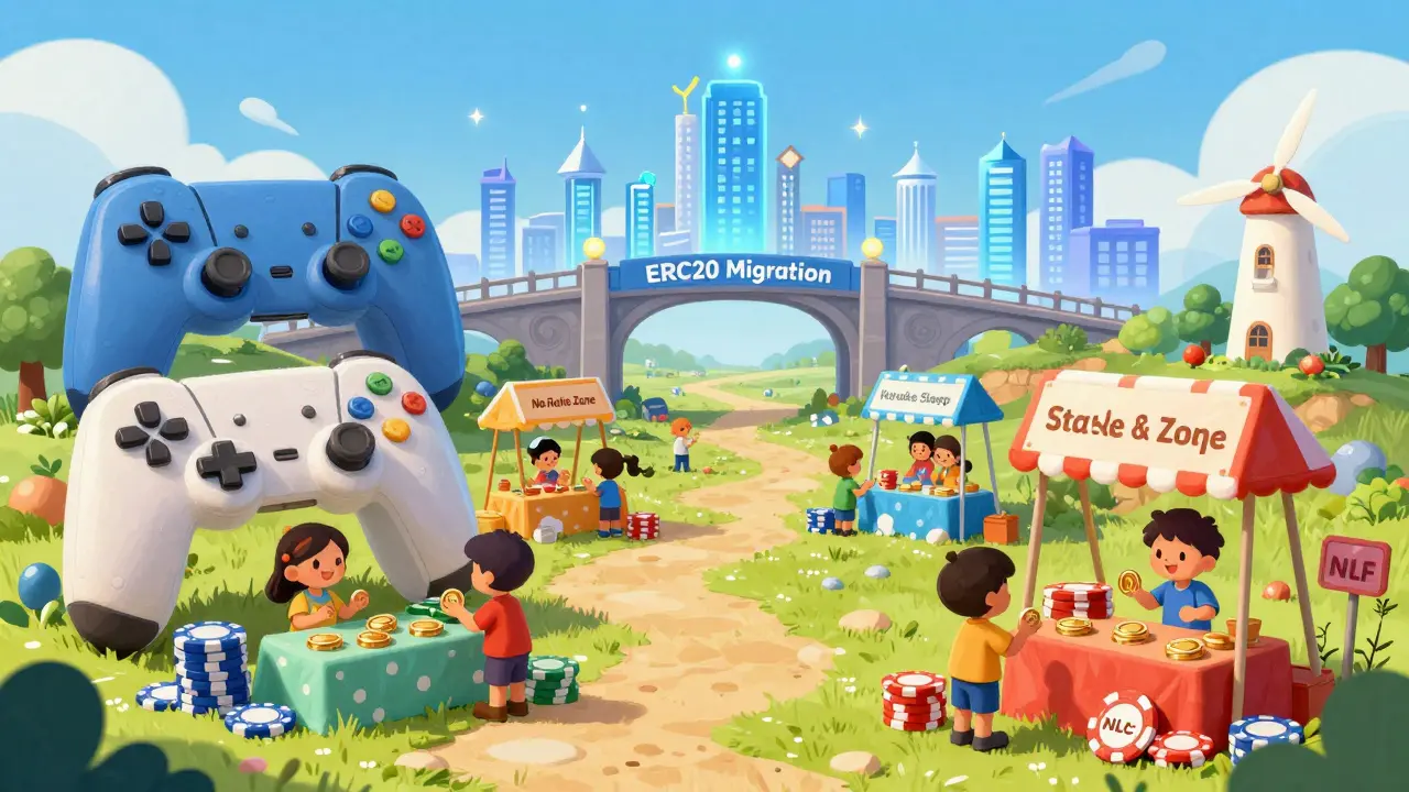 Un village de jeux en ligne se transforme grâce à un pont magique vers une ville blockchain.