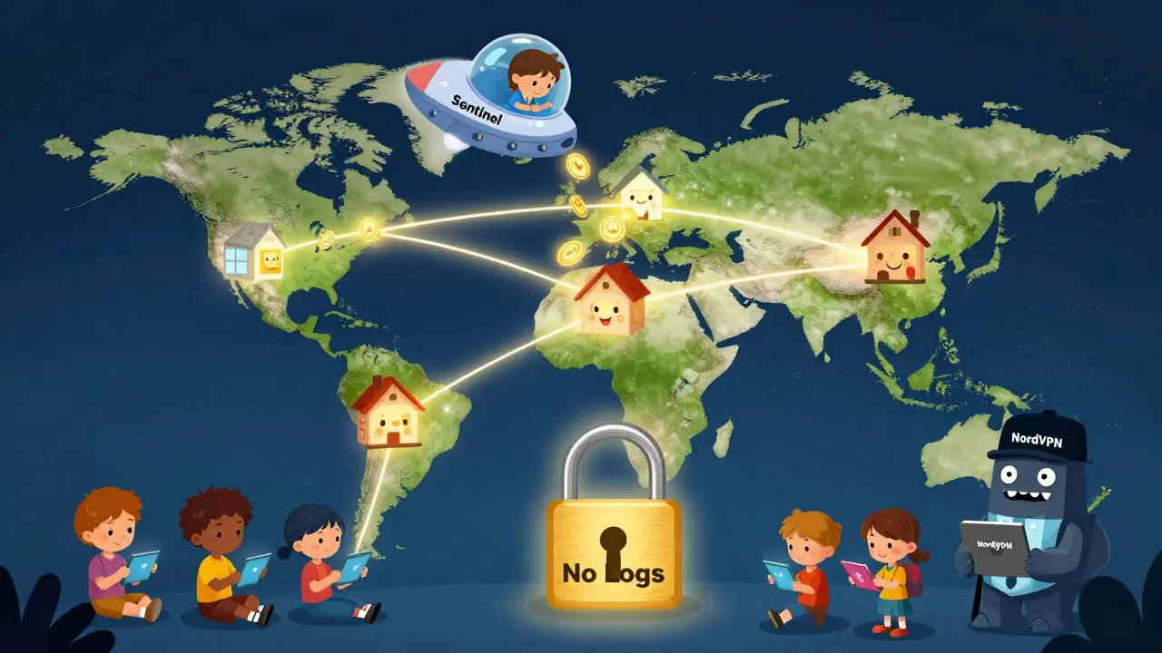 Une carte mondiale connectée par des fils lumineux, avec des enfants en sécurité sous un verrou 'Pas de journaux', illustré en style enfantin.