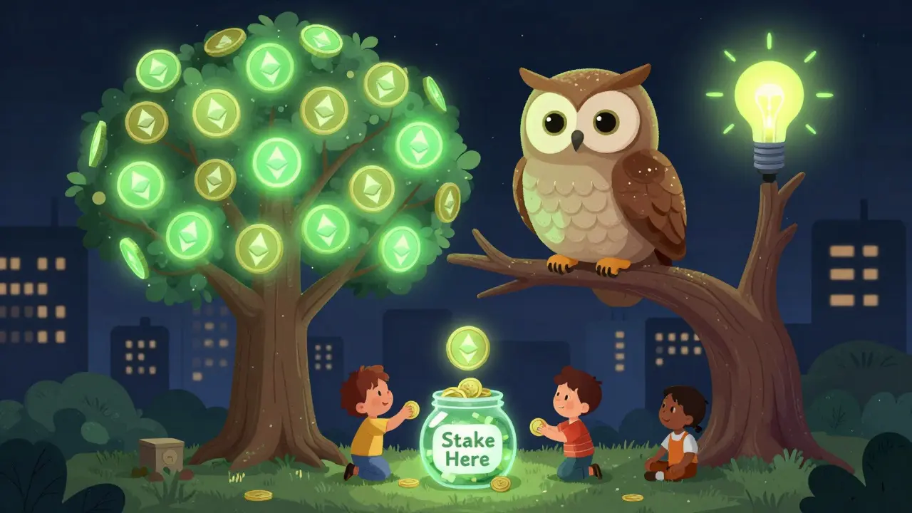 Une chouette calme perchée sur un arbre de jetons lumineux, avec des enfants déposant des pièces dans un bocal, représentant le Proof of Stake.