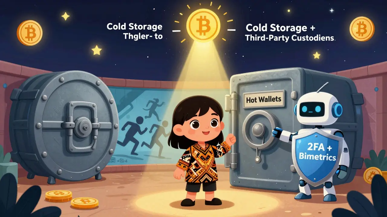 Une fillette protégée par un robot sécurisé surveille un coffre-fort de cryptomonnaies, avec un passé de piratage en arrière-plan.