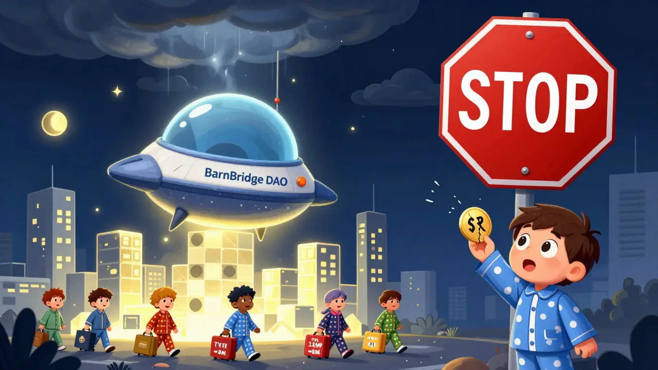 Une fusée BarnBridge sous un signe STOP de la SEC, des investisseurs partant avec des valises, un enfant regardant avec étonnement.