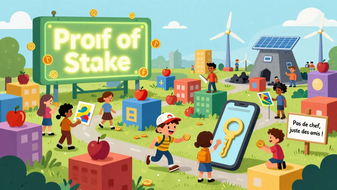 Une ville en blocs où des gens échangent des objets numériques avec des clés, sans banque, sous un ciel vert avec des énergies renouvelables.