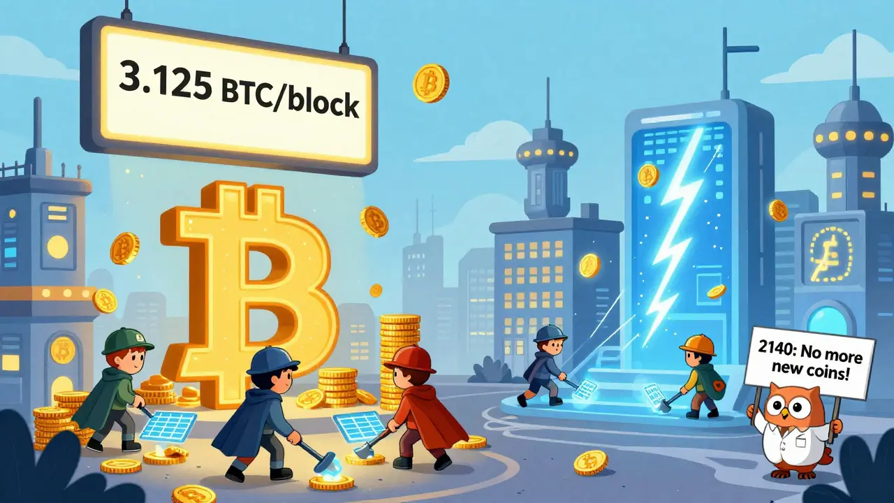 Une ville futuriste avec des bâtiments en forme de Bitcoin, où des mineurs et des éclairs du Lightning Network coexistent sous un affichage de récompense.