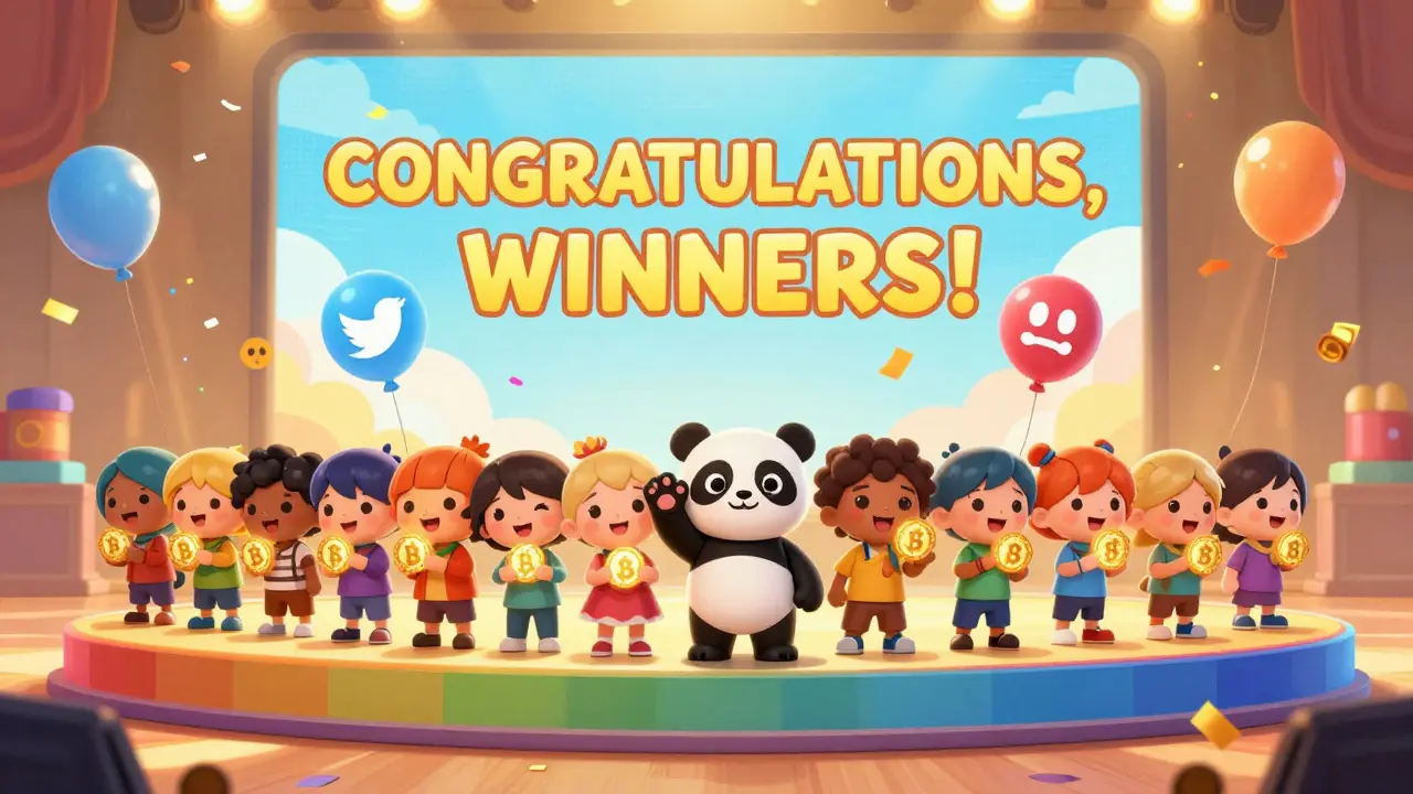 500 enfants heureux reçoivent un token PANDO en forme de patte de panda sur un podium arc-en-ciel.
