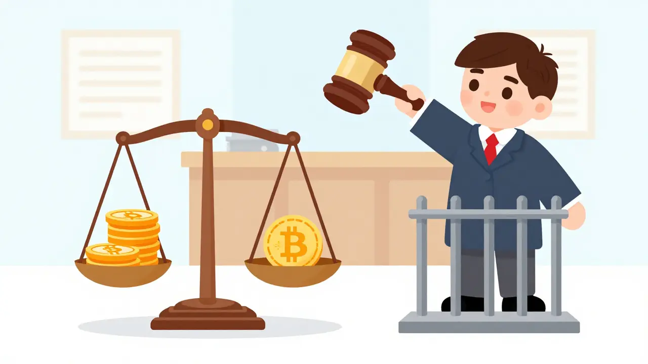 Balançoire de justice avec pièces Bitcoin et barreaux de prison.