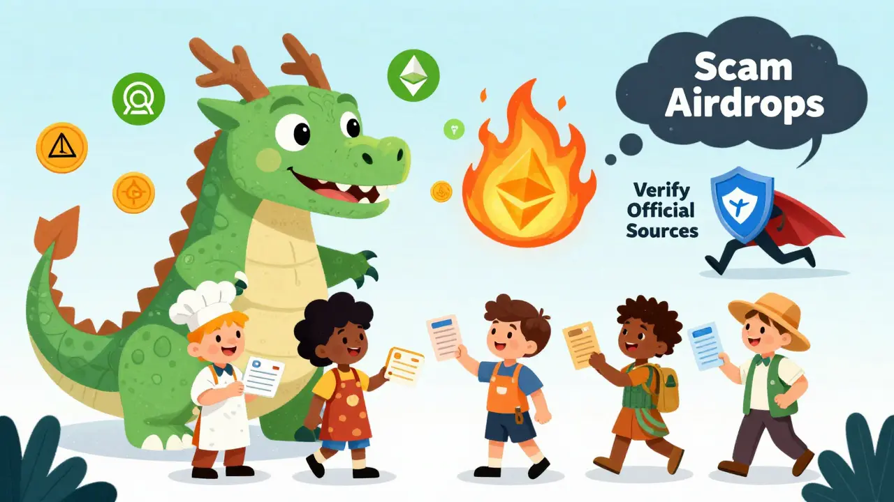 Des commerçants envoient des factures à un dragon blockchain qui crache des pièces, tandis qu'un nuage d'arnaques est chassé par un bouclier.