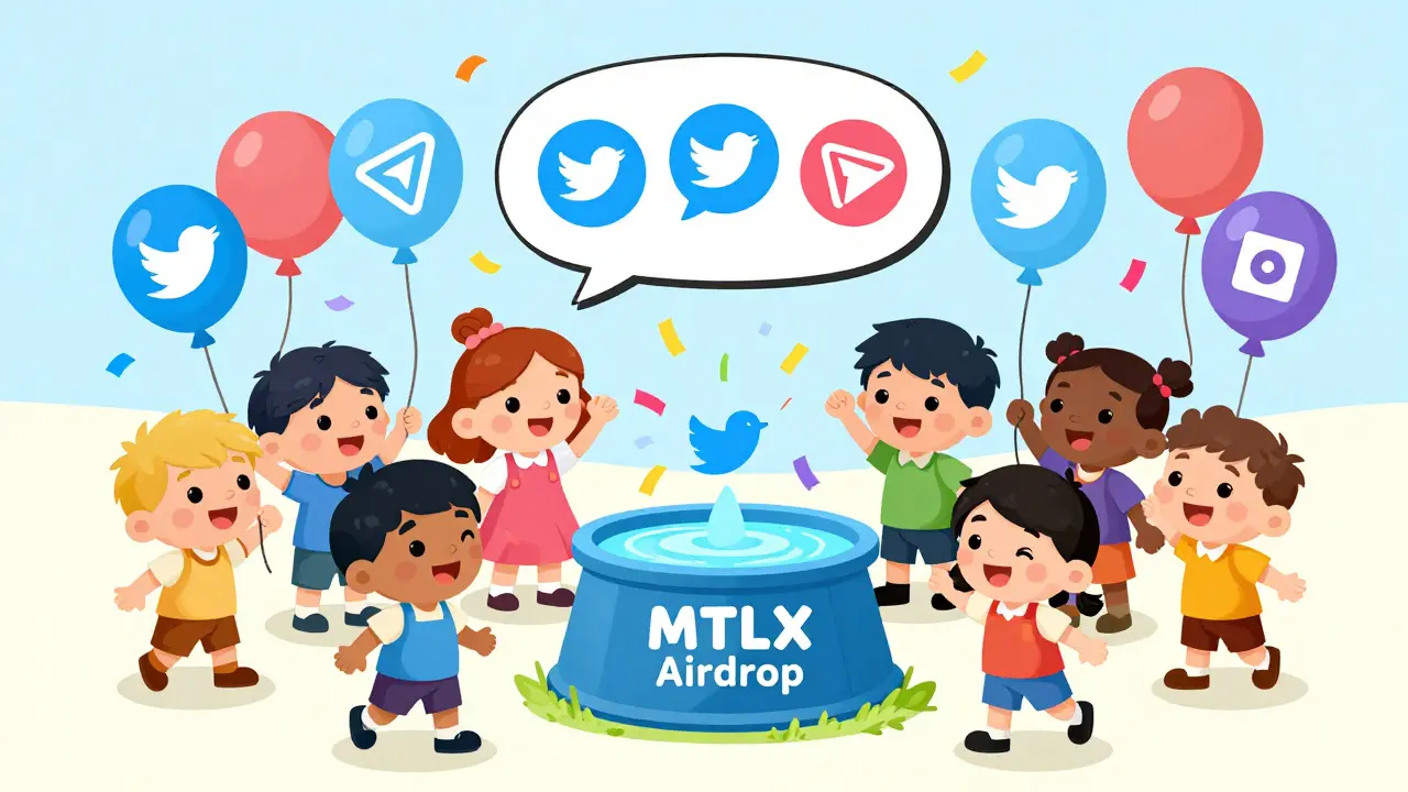 Des enfants jouent autour d'un puits magique avec des ballons Twitter, Telegram et CoinMarketCap.