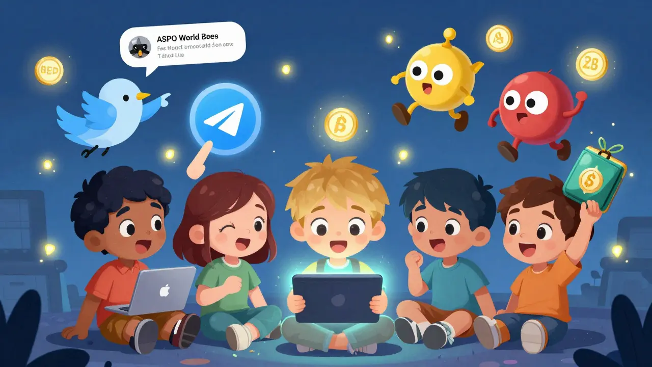 Des enfants regardent un écran où des personnages de jeu bataillent, avec des icônes Twitter, Telegram et MetaMask flottant autour d'eux.