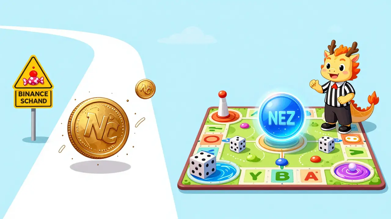 Deux jetons sur des chemins parallèles : l'un chaotique sur BSC, l'autre structuré sur Solana dans un jeu coloré.