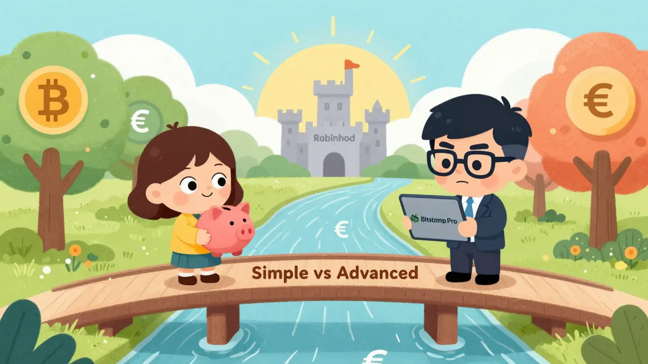 Deux personnages sur un pont : un débutant avec un cochon d'épargne et un trader avec une tablette, sous un ciel coloré.