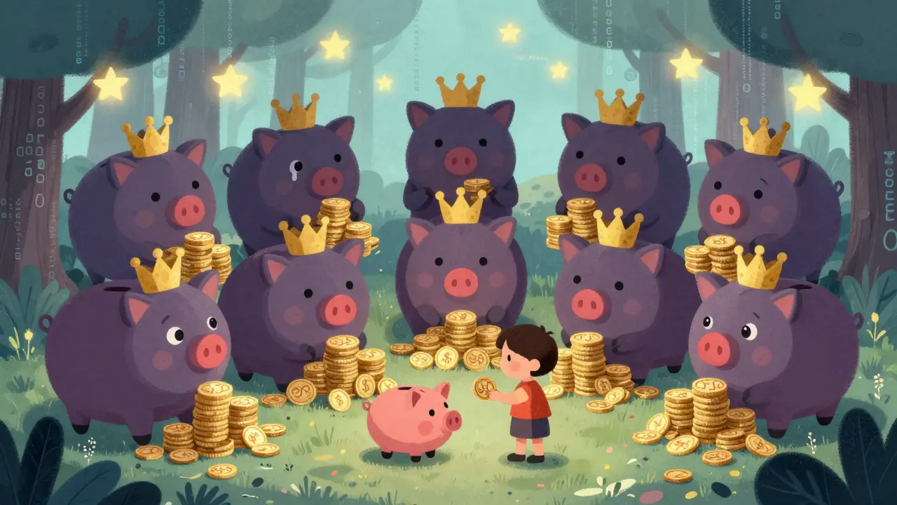 Dix gros porcs-épargnes cachent des jetons $DTJR tandis qu'un petit essaie de les donner à un enfant.