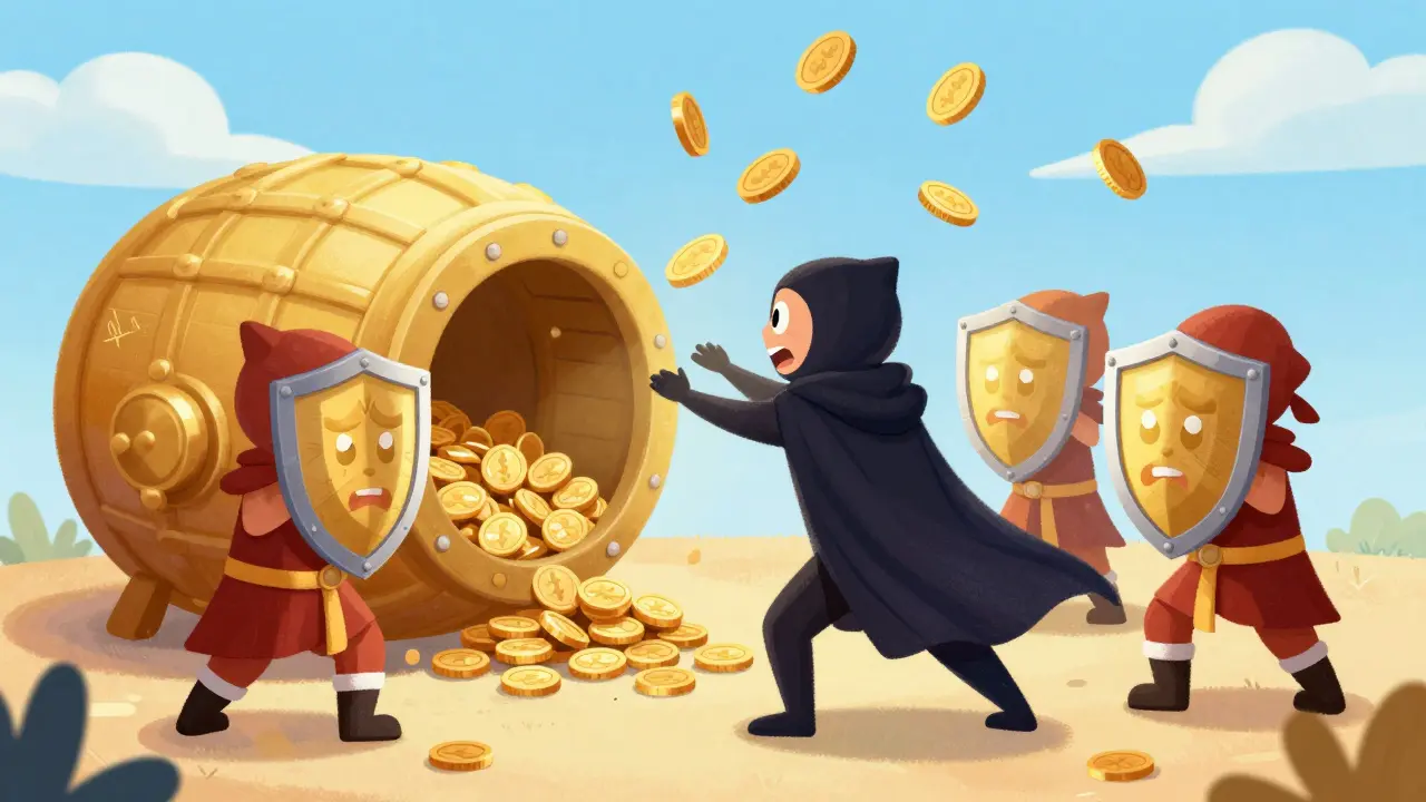Gardiens bloquant un voleur dans un coffre, pièces capturées par boucliers.