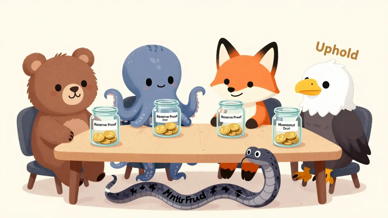 Quatre animaux amicaux montrent des réserves transparentes d'ETH, tandis qu'un serpent malveillant s'enfuit sous la table.