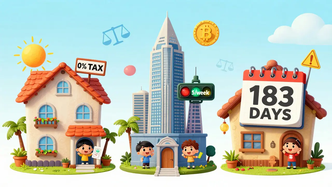 Trois maisons représentant Dubaï, Singapour et Porto Rico, chacune avec un résident et des preuves de résidence fiscale comme des factures et des visas.