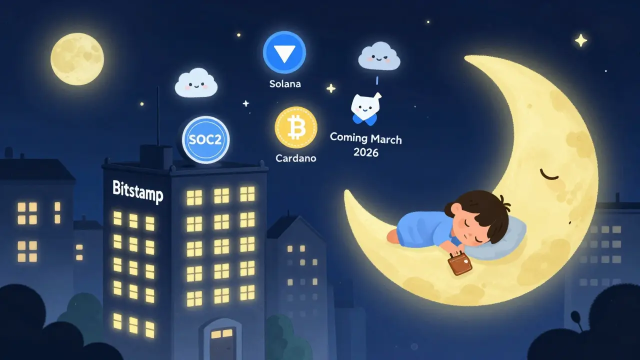 Un bâtiment Bitstamp brille la nuit, des cryptos arrivent en nuages, un utilisateur dort paisiblement sous la lune.