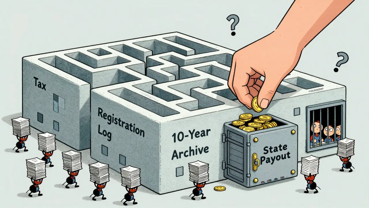 Un bâtiment en forme de blockchain où de minuscules mineurs transportent des piles de papiers pour l'État.