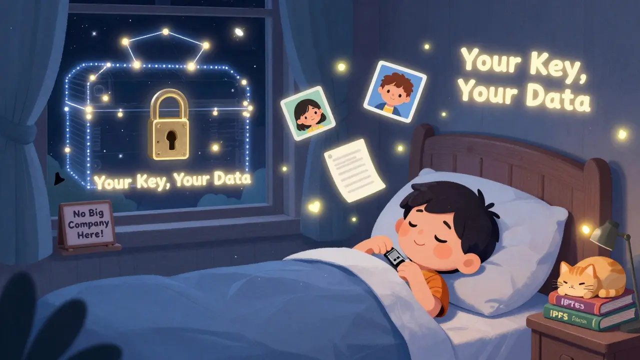 Un enfant dort en sécurité avec sa clé USB sous l'oreiller, ses données flottant comme des lucioles dans la chambre.