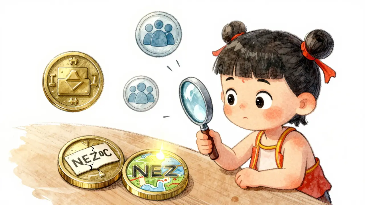 Un enfant examine deux jetons avec une loupe, trois règles d'investissement flottent comme esprits amicaux.