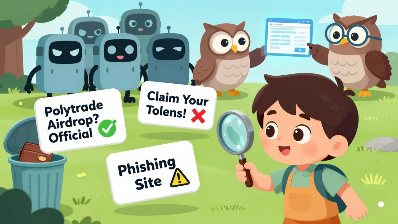 Un enfant examine trois signes flottants : un officiel, un piège et un site frauduleux, guidé par une chouette sage.