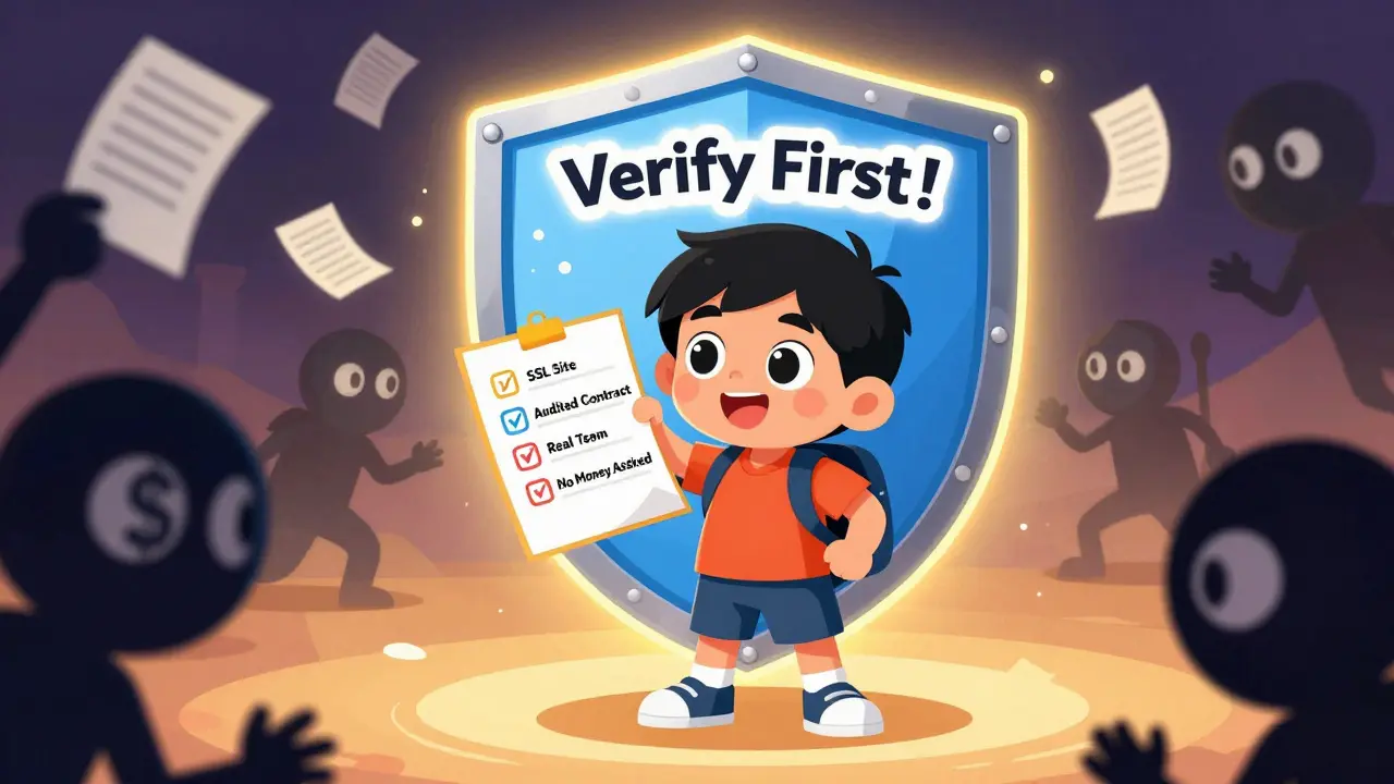 Un enfant tient un bouclier de vérification contre des figures malveillantes avec des dollars.