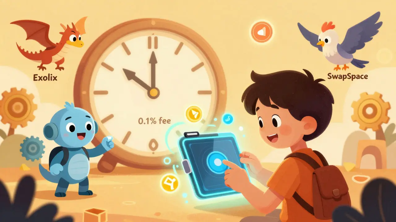 Un enfant utilise une tablette en forme de portefeuille pour échanger des jetons crypto dans un monde coloré.