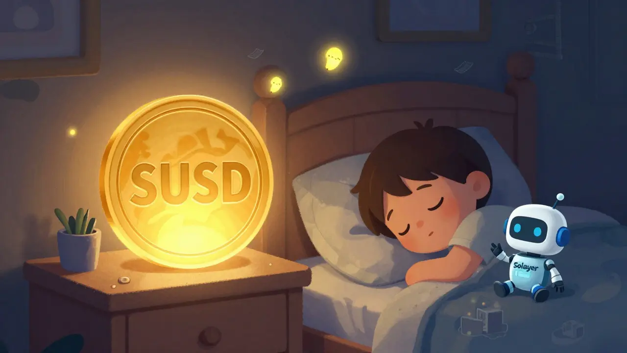 Un jeton SUSD brille dans une chambre d'enfant la nuit, grandissant lentement pendant qu'un petit robot dort à ses côtés.